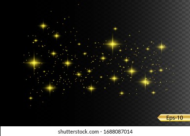 Yellow sparks glitter special light effect. Vector sparkles on dark background. Christmas abstract pattern. Sparkling magic dust particles 