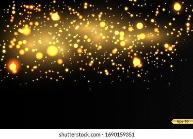 Yellow sparks glitter special light effect. Vector sparkles on dark background. Christmas abstract pattern. Sparkling magic dust particles 
