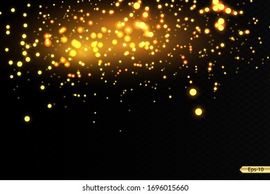 Yellow sparks glitter special light effect. Vector sparkles on dark background. Christmas abstract pattern. Sparkling magic dust particles 