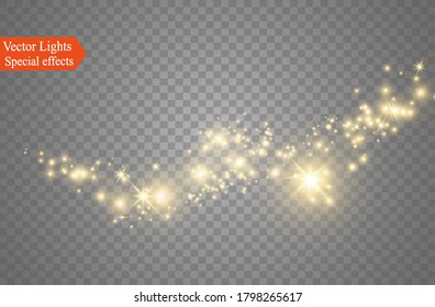 Yellow sparks glitter special light effect.  Sparkles on transparent background. Christmas abstract pattern. Sparkling magic dust particles