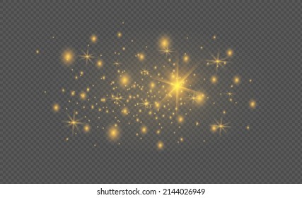 Yellow sparks glitter special light effect. Vector sparkles on transparent background. Christmas abstract pattern. Sparkling magic dust particles