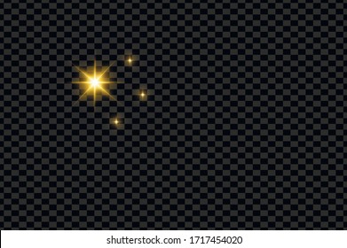 Yellow sparks and golden stars glitter special light effect. Vector sparkles on transparent background. Christmas abstract pattern. 