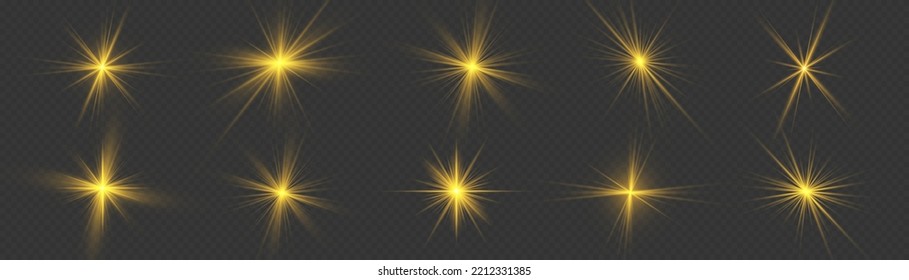 Yellow sparks with light effect. Magical explosion gold star. Sun flash sparkle. Set of bright beautiful stars. Golden glitter and glare. Flare of sunshine with rays. Christmas vector illustration.
