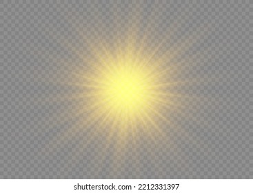 Yellow sparks with light effect. Magical explosion gold star. Sun flash sparkle. Set of bright beautiful stars. Golden glitter and glare. Flare of sunshine with rays. Christmas vector illustration.