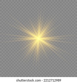 Yellow sparks with light effect. Magical explosion gold star. Sun flash sparkle. Set of bright beautiful stars. Golden glitter and glare. Flare of sunshine with rays. Christmas vector illustration.