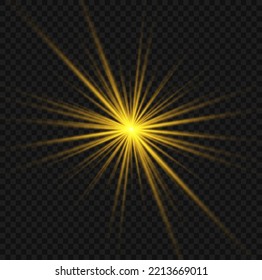 Yellow sparks with light effect. Magical explosion gold star. Sun flash sparkle. Set of bright beautiful stars. Golden glitter and glare. Flare of sunshine with rays. Christmas vector illustration.