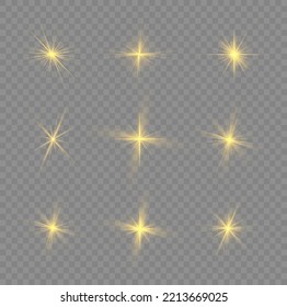 Yellow sparks with light effect. Magical explosion gold star. Sun flash sparkle. Set of bright beautiful stars. Golden glitter and glare. Flare of sunshine with rays. Christmas vector illustration.