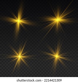 Yellow sparks with light effect. Magical explosion gold star. Sun flash sparkle. Set of bright beautiful stars. Golden glitter and glare. Flare of sunshine with rays. Christmas vector illustration.