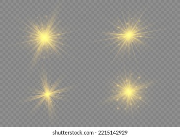 Yellow sparks with light effect. Magical explosion gold star. Sun flash sparkle. Set of bright beautiful stars. Golden glitter and glare. Flare of sunshine with rays. Christmas vector illustration.