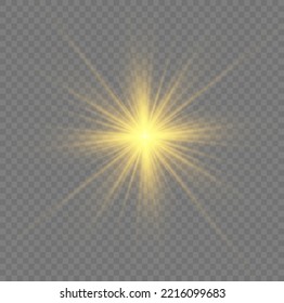 Las chispas amarillas con efecto ligero. Estrella de oro de explosión mágica. El sol brilla. Conjunto de brillantes y hermosas estrellas. Brillo dorado y brillo. Alarma de sol con rayos. Ilustración vectorial de Navidad.