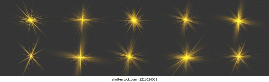Yellow sparks with light effect. Magical explosion gold star. Sun flash sparkle. Set of bright beautiful stars. Golden glitter and glare. Flare of sunshine with rays. Christmas vector illustration.