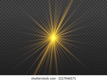 Yellow sparks with light effect. Magical explosion gold star. Sun flash sparkle. Set of bright beautiful stars. Golden glitter and glare. Flare of sunshine with rays. Christmas vector illustration.