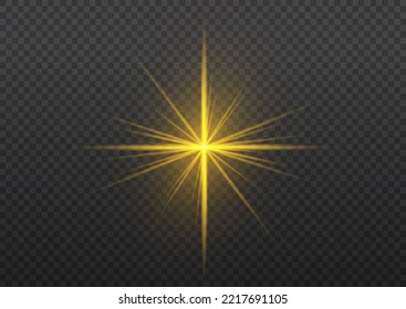 Yellow sparks with light effect. Magical explosion gold star. Sun flash sparkle. Set of bright beautiful stars. Golden glitter and glare. Flare of sunshine with rays. Christmas vector illustration.