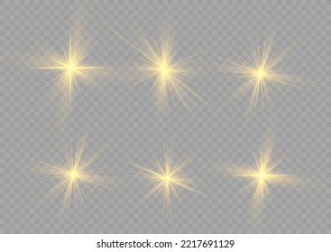 Yellow sparks with light effect. Magical explosion gold star. Sun flash sparkle. Set of bright beautiful stars. Golden glitter and glare. Flare of sunshine with rays. Christmas vector illustration.