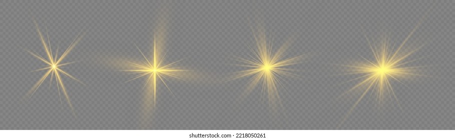 Yellow sparks with light effect. Magical explosion gold star. Sun flash sparkle. Set of bright beautiful stars. Golden glitter and glare. Flare of sunshine with rays. Christmas vector illustration.