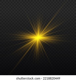 Yellow sparks with light effect. Magical explosion gold star. Sun flash sparkle. Set of bright beautiful stars. Golden glitter and glare. Flare of sunshine with rays. Christmas vector illustration.