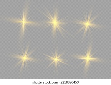 Las chispas amarillas con efecto ligero. Estrella de oro de explosión mágica. El sol brilla. Conjunto de brillantes y hermosas estrellas. Brillo dorado y brillo. Alarma de sol con rayos. Ilustración vectorial de Navidad.