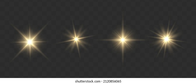 Yellow sparks sparkle with a special light. Set of gold bright beautiful stars. Golden glitter and glare. Bright flashes. Magical explosion with star dust. Sun flash. Christmas vector illustration. 