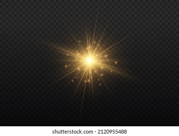 Yellow sparks sparkle with a special light. Set of gold bright beautiful stars. Golden glitter and glare. Bright flashes. Magical explosion with star dust. Sun flash. Christmas vector illustration. 