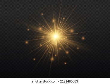 Yellow sparks sparkle with a special light. Set of gold bright beautiful stars. Golden glitter and glare. Bright flashes. Magical explosion with star dust. Sun flash. Christmas vector illustration. 