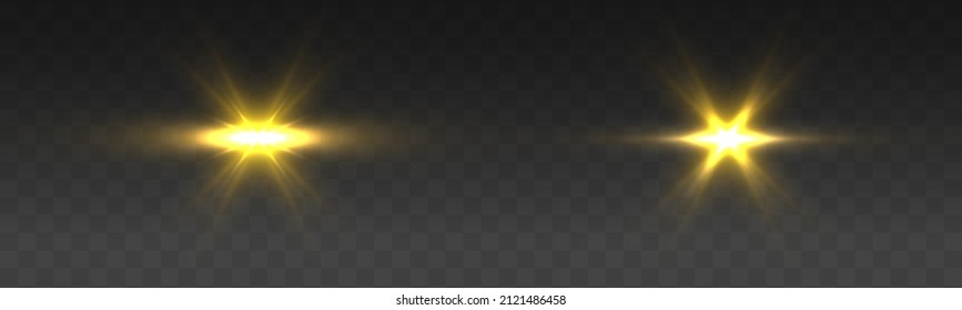 Yellow sparks sparkle with a special light. Set of gold bright beautiful stars. Golden glitter and glare. Bright flashes. Magical explosion with star dust. Sun flash. Christmas vector illustration. 