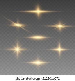 Yellow sparks sparkle with a special light. Set of gold bright beautiful stars. Golden glitter and glare. Bright flashes. Magical explosion with star dust. Sun flash. Christmas vector illustration. 