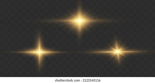 Yellow sparks sparkle with a special light. Set of gold bright beautiful stars. Golden glitter and glare. Bright flashes. Magical explosion with star dust. Sun flash. Christmas vector illustration. 