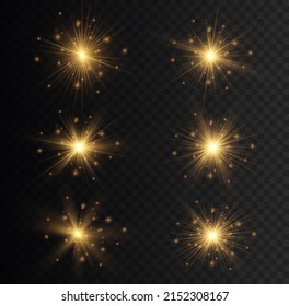 Yellow sparks sparkle with a special light. Transparent shining sun, bright flash. Golden glowing lights explodes on a transparent background. Gold star rays. Bright flashes. Vector illustration.