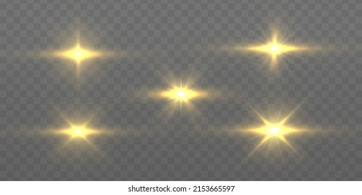 Yellow sparks sparkle with a special light. Transparent shining sun, bright flash. Golden glowing lights explodes on a transparent background. Gold star rays. Bright flashes. Vector illustration.