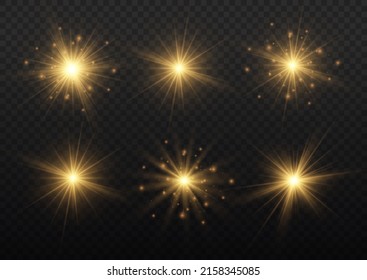 Yellow sparks sparkle with a special light. Transparent shining sun, bright flash. Golden glowing lights explodes on a transparent background. Gold star rays. Bright flashes. Vector illustration.