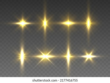 Yellow sparks sparkle with a special light. Transparent shining sun, bright flash. Golden glowing lights explodes on a transparent background. Gold star rays. Bright flashes. Vector illustration.