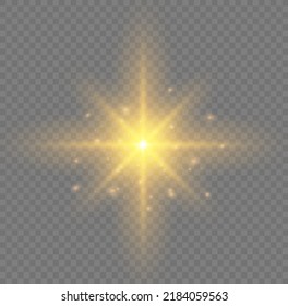 Yellow sparks sparkle with a special light. Transparent shining sun, bright flash. Golden glowing lights explodes on a transparent background. Gold star rays. Bright flashes. Vector illustration.