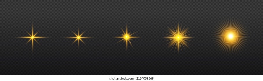 Yellow sparks sparkle with a special light. Transparent shining sun, bright flash. Golden glowing lights explodes on a transparent background. Gold star rays. Bright flashes. Vector illustration.