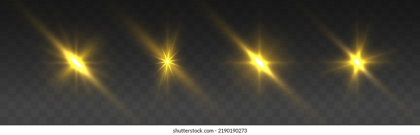 Yellow sparks sparkle with a special light. Transparent shining sun, bright flash. Golden glowing lights explodes on a transparent background. Gold star rays. Bright flashes. Vector illustration.