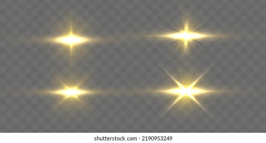 Yellow sparks sparkle with a special light. Transparent shining sun, bright flash. Golden glowing lights explodes on a transparent background. Gold star rays. Bright flashes. Vector illustration.