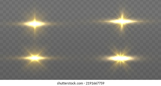 Yellow sparks sparkle with a special light. Transparent shining sun, bright flash. Golden glowing lights explodes on a transparent background. Gold star rays. Bright flashes. Vector illustration.