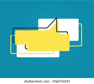 Yellow speech bubble and dark blue frame in flat. Memphis style banner with abstract geometric shapes. Sticker with place for promotion text, price tag, sale ad. Papercut badge, vector illustration.