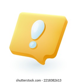 Yellow speech bubble with exclamation mark 3D icon. Alert sign, attentive warning of important information in balloon 3D vector illustration on white background. Notification, attention concept