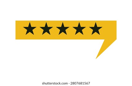 Yellow speech bubble with five black stars symbolizing a five-star rating, positive customer review, high quality, satisfaction, and excellent service or product feedback for business and online reputation.