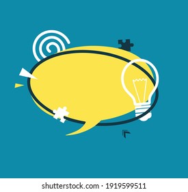 Yellow speech bubble in flat art. Memphis style simple banner with bulb sign and puzzle shape. Round sticker with place for promotion text, price tag, sale ad. Vector card illustration