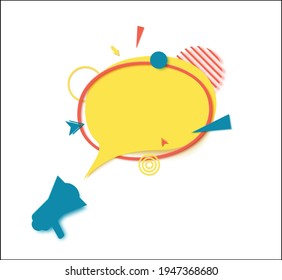 Yellow speech bubble in flat art. Memphis style simple banner with megaphone, bulb sign and puzzle shape. Round sticker with place for promotion text, price tag, sale ad. Vector card illustration