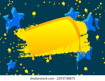 Yellow Speech Bubble Graffiti on blue Background. Urban painting style backdrop. Abstract discussion symbol in modern dirty street art decoration.