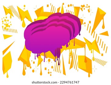 Yellow Speech Bubble Graffiti with purple elements isolated on white Background. Urban painting style backdrop. Abstract discussion symbol in modern dirty street art decoration.
