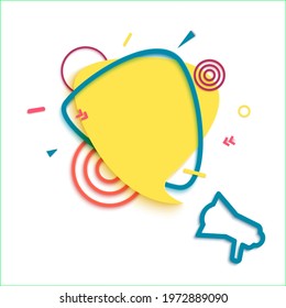 Yellow speech bubble and loudspeaker in paper cut art. Memphis style banner with geometric shapes. Colorful sticker with place for promotion text, price tag, sale ad. Papercut vector illustration