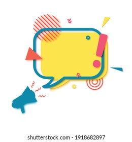 Burbuja del discurso amarillo y megáfono en el arte de corte de papel. Banner estilo Memphis con signo de exclamación. Etiqueta colorida con lugar para texto de promoción, etiqueta de precio, anuncio de venta. Ilustración vectorial de corte en papel.