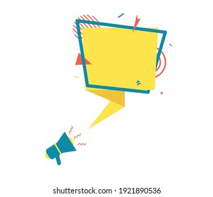 Burbuja de habla amarilla y megáfono en el arte de corte de papel. Banner de estilo memphis con formas geométricas. Etiqueta colorida con lugar para texto de promoción, etiqueta de precio, anuncio de venta. Ilustración del vector de Papercut