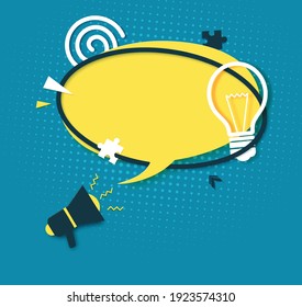Yellow speech bubble and megaphone in paper cut art. Memphis style banner with bulb sign and puzzle shape. Cut out round sticker with place for promotion text, price tag, sale ad. Vector illustration