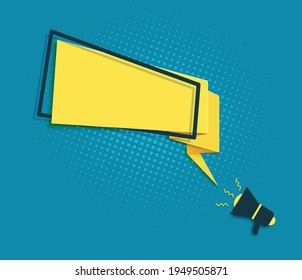 Yellow speech bubble and megaphone in paper cut art. Memphis style banner with geometric shapes. Colorful sticker with place for promotion text, price tag, sale ad. Papercut vector illustration.