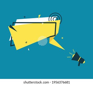 Gelbe Sprachblase und Megaphon in Papierschnitt-Kunst. Memphis-Stilbanner mit geometrischen Formen. Farbige Aufkleber mit Platz für Promotion-Text, Preisschild, Verkaufsanzeige. Paperschnitt-Vektorgrafik