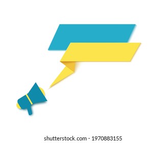 Yellow speech bubble and megaphone in paper cut art. Memphis style banner with two tapes. Colorful sticker with ribbon with place for promotion text, price tag, sale ad. Papercut vector illustration